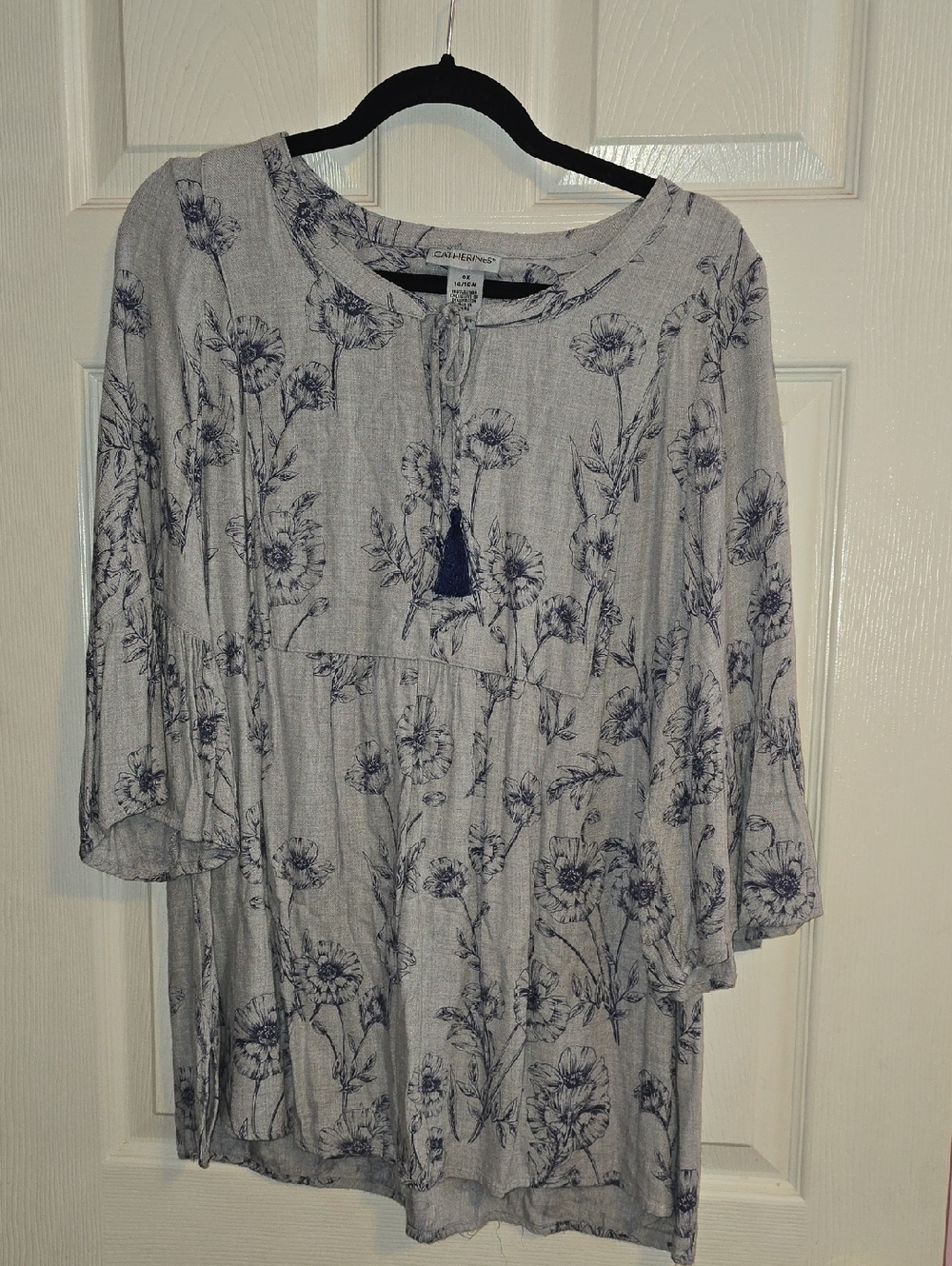 Catherines Light Gray and Navy Floral Tassel Tunic